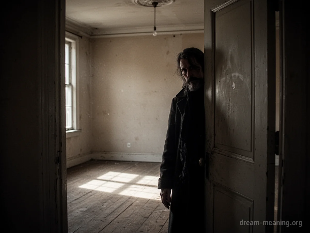 A silhouette of a person partially hidden behind a door frame.