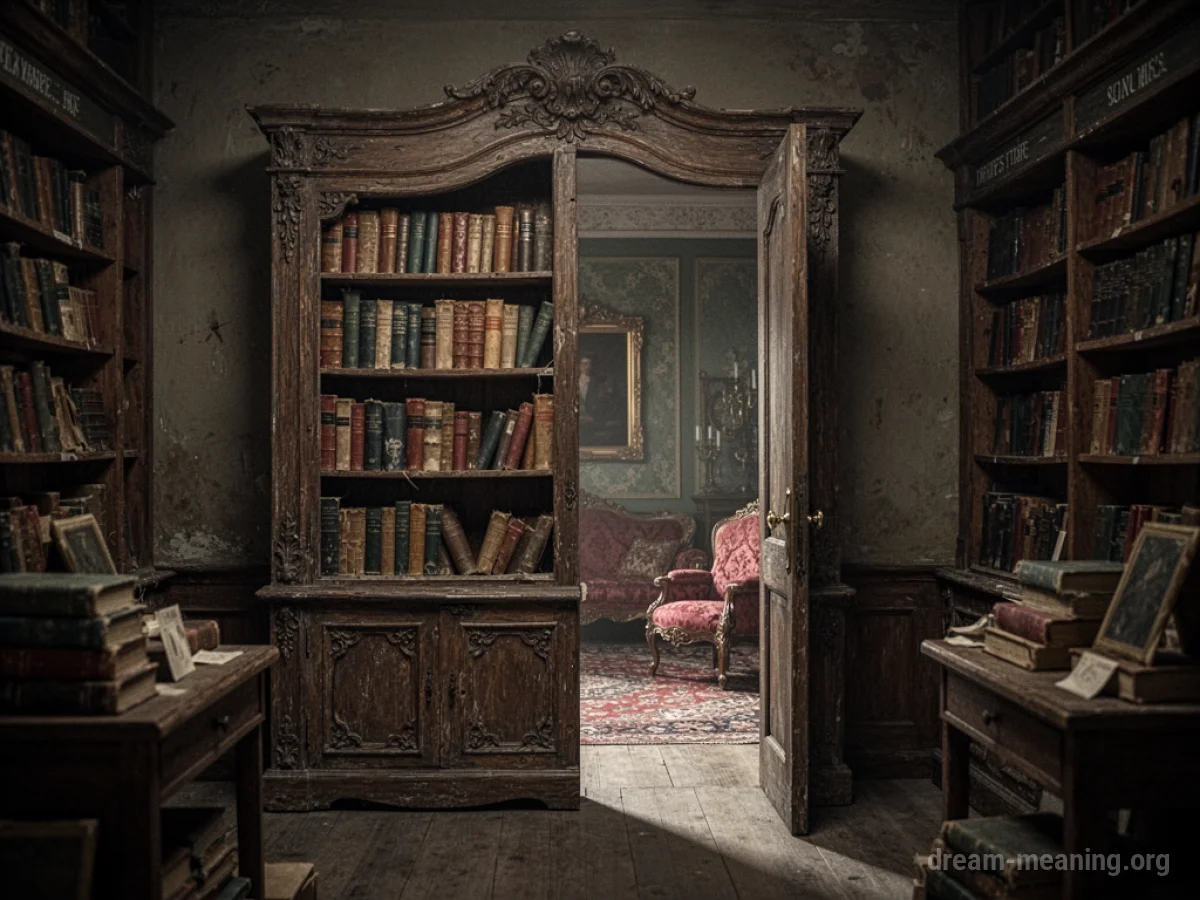 An open bookshelf revealing a hidden room inside a bookstore.