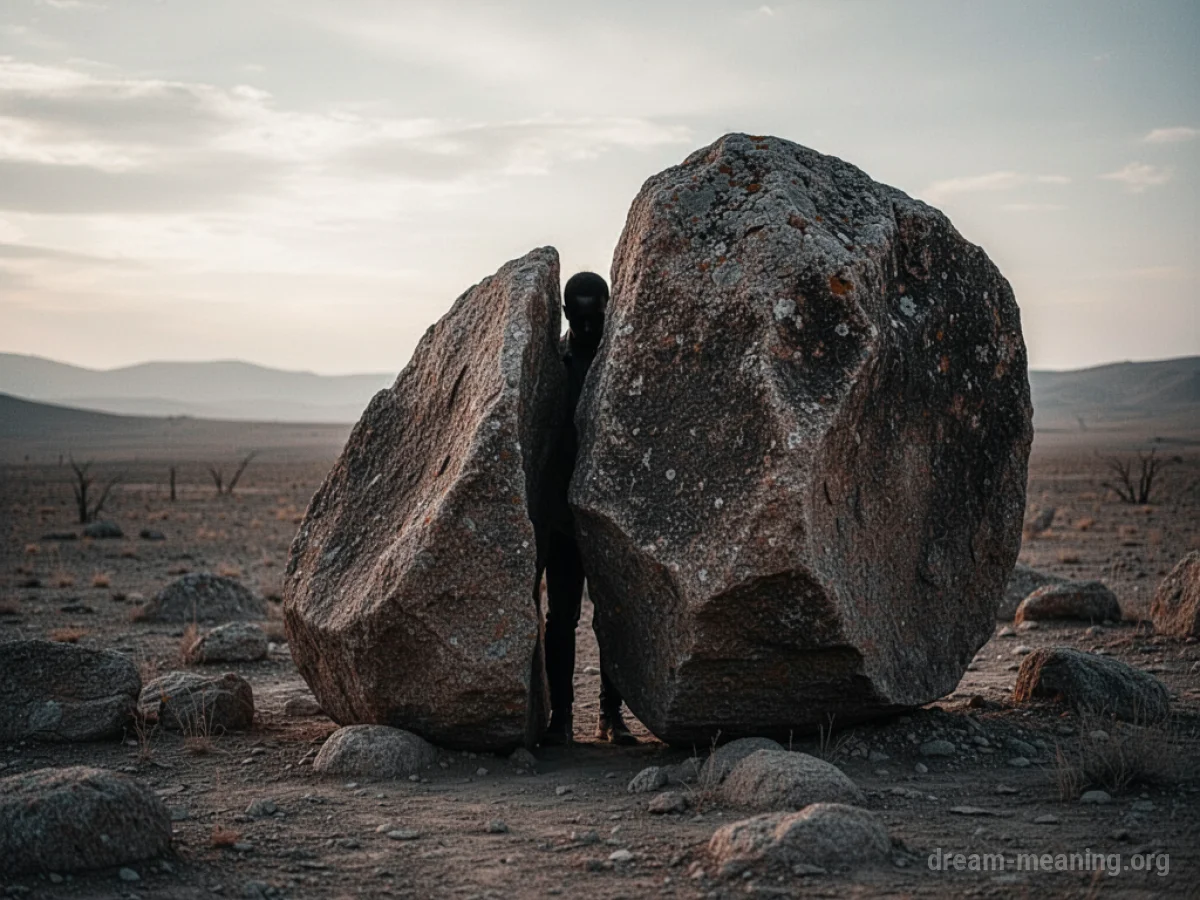 Silhouette of a person peeking out from behind a large rock.