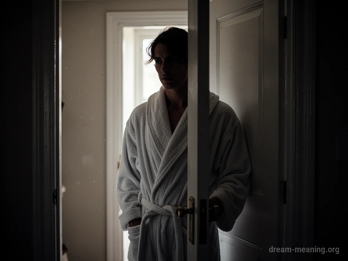 Silhouette of a person in a bathrobe peeking from behind a door.