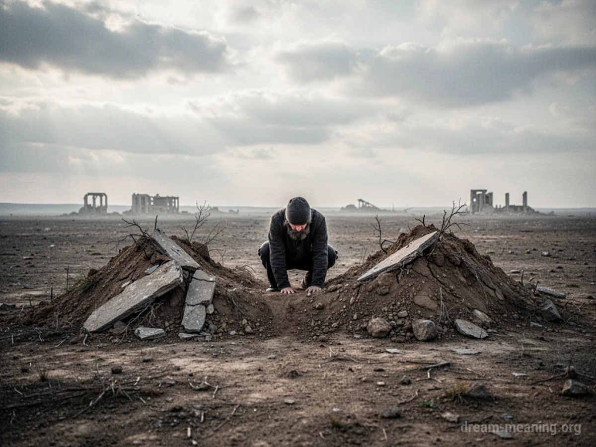 A single person hiding in a desolate landscape with minimal cover.