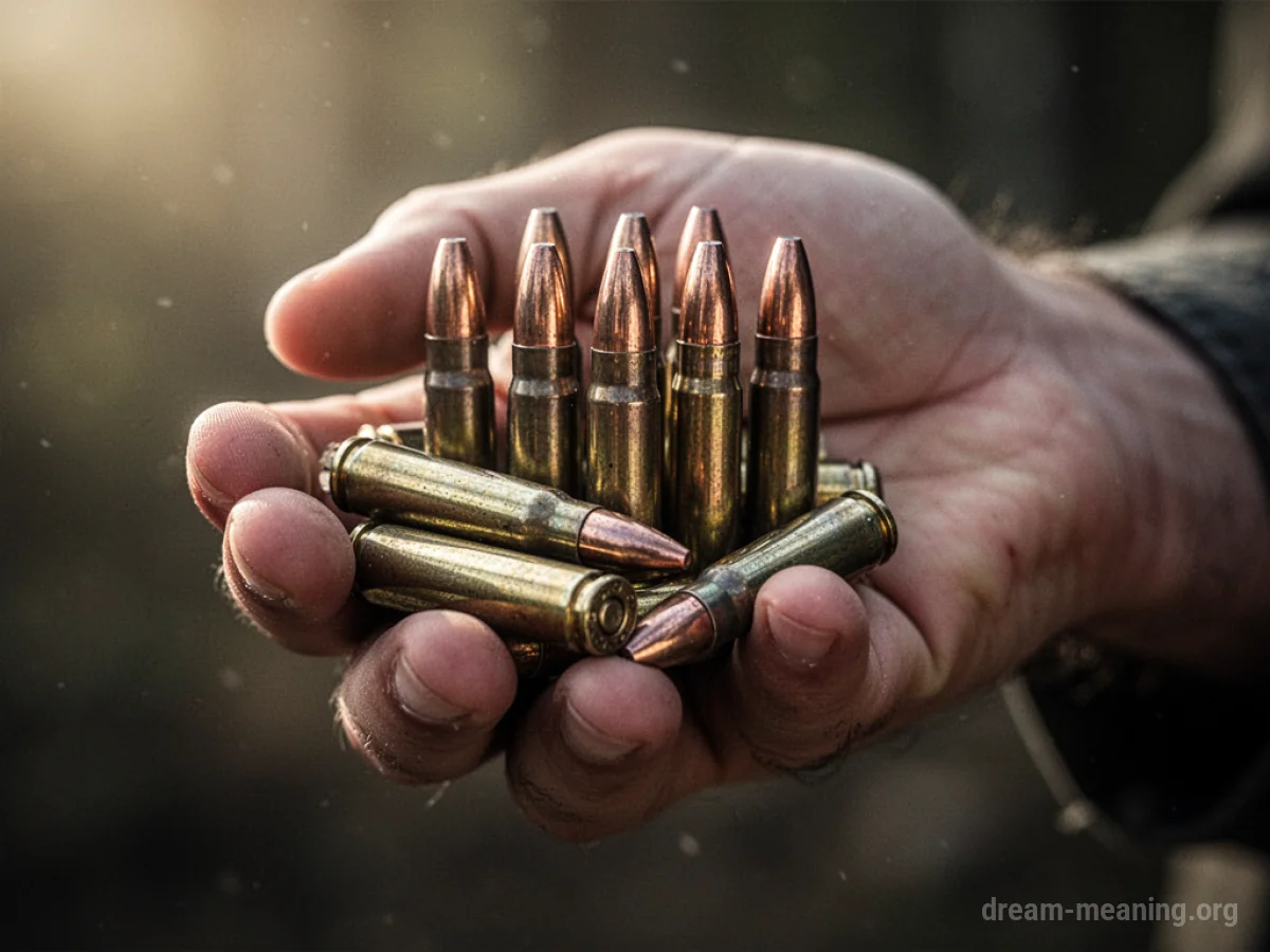 A hand holding several metallic bullets.