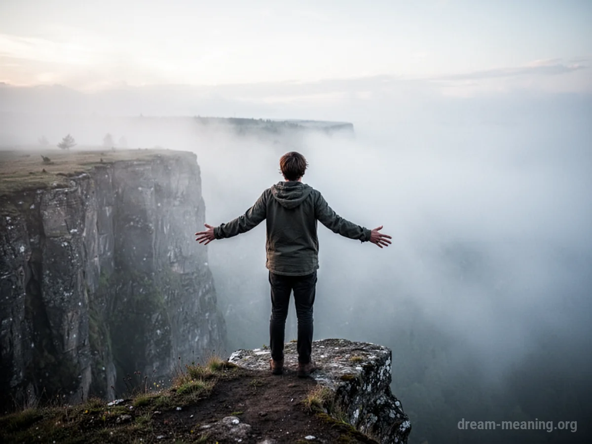 Silhouette of a person standing at a cliff edge looking into fog.