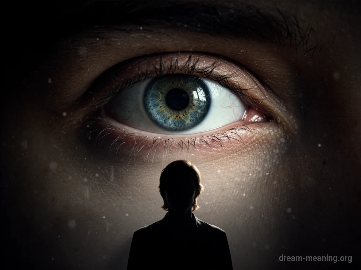 A silhouette of a person standing in dim light, with a large, disembodied eye watching from the shadows.