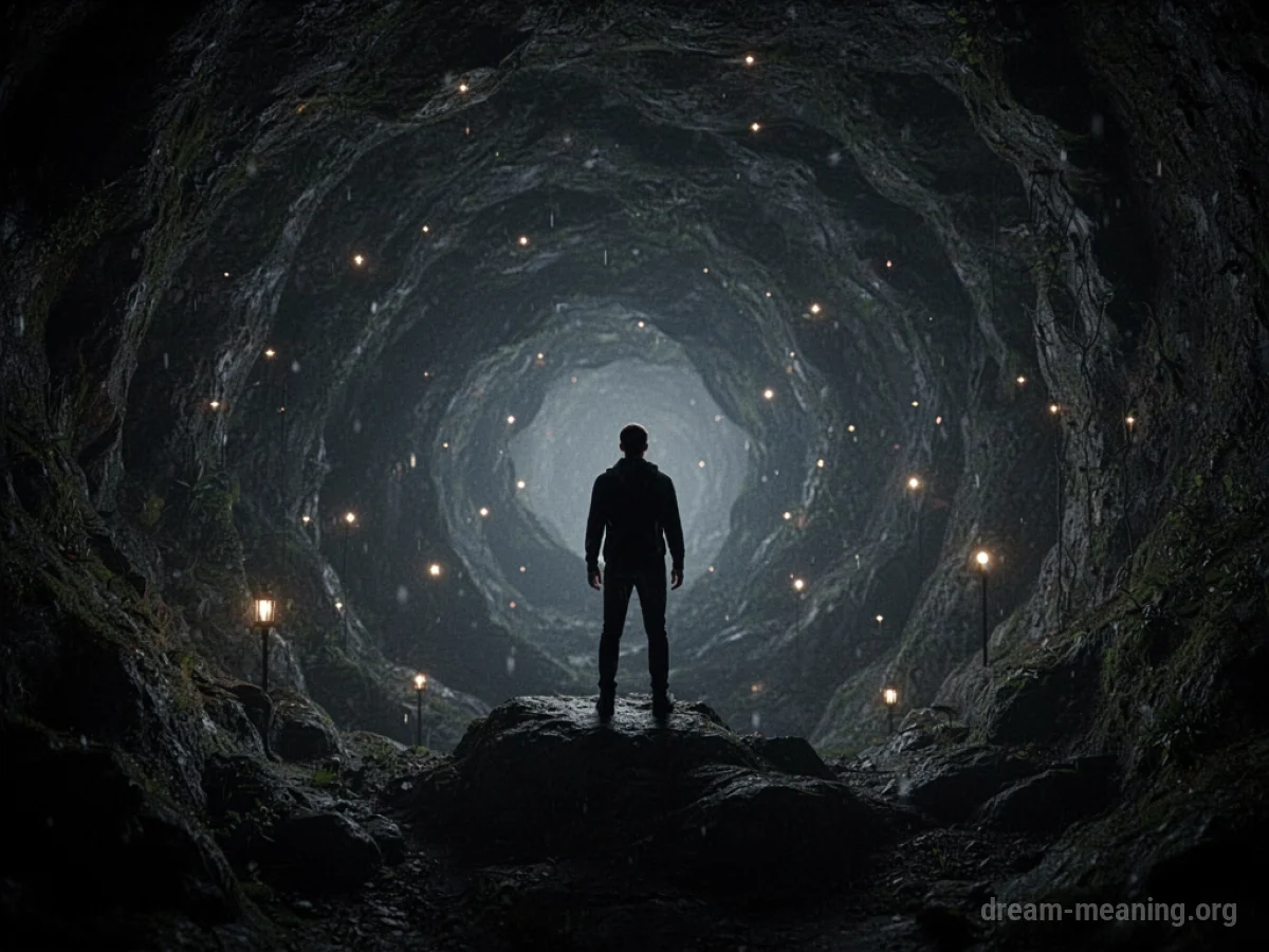 Silhouette of a person near a dark, swirling void with distant lights.