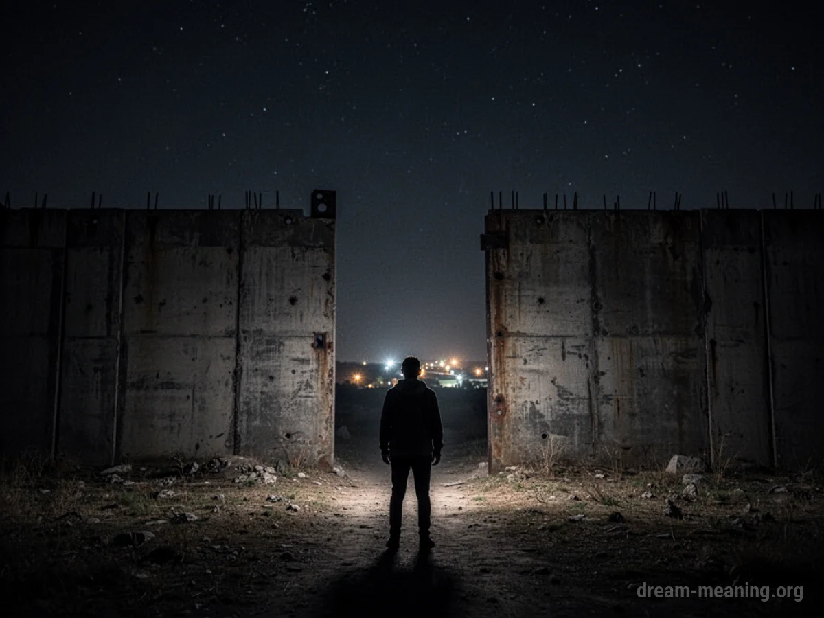 A silhouetted figure stands before a large, shadowed barrier.