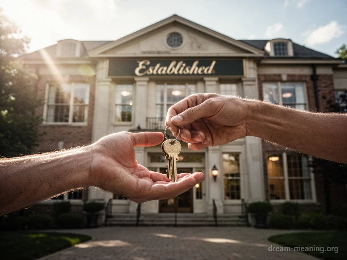 A hand receives a key in front of a building.