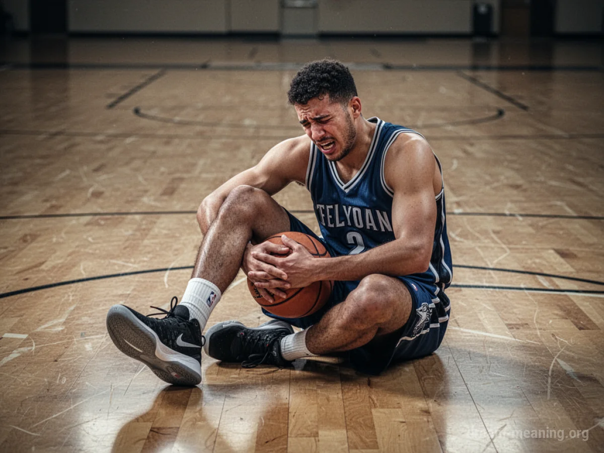 A basketball player sitting on a court holding their leg.