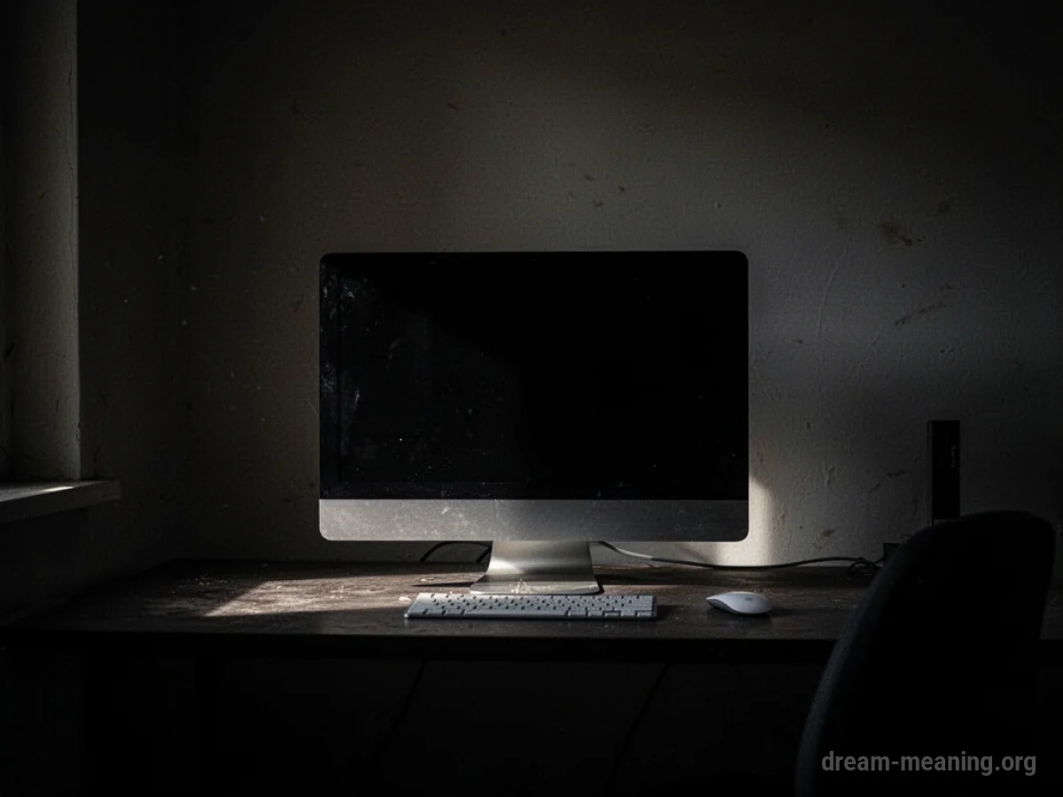 A dark room with an unlit computer monitor.