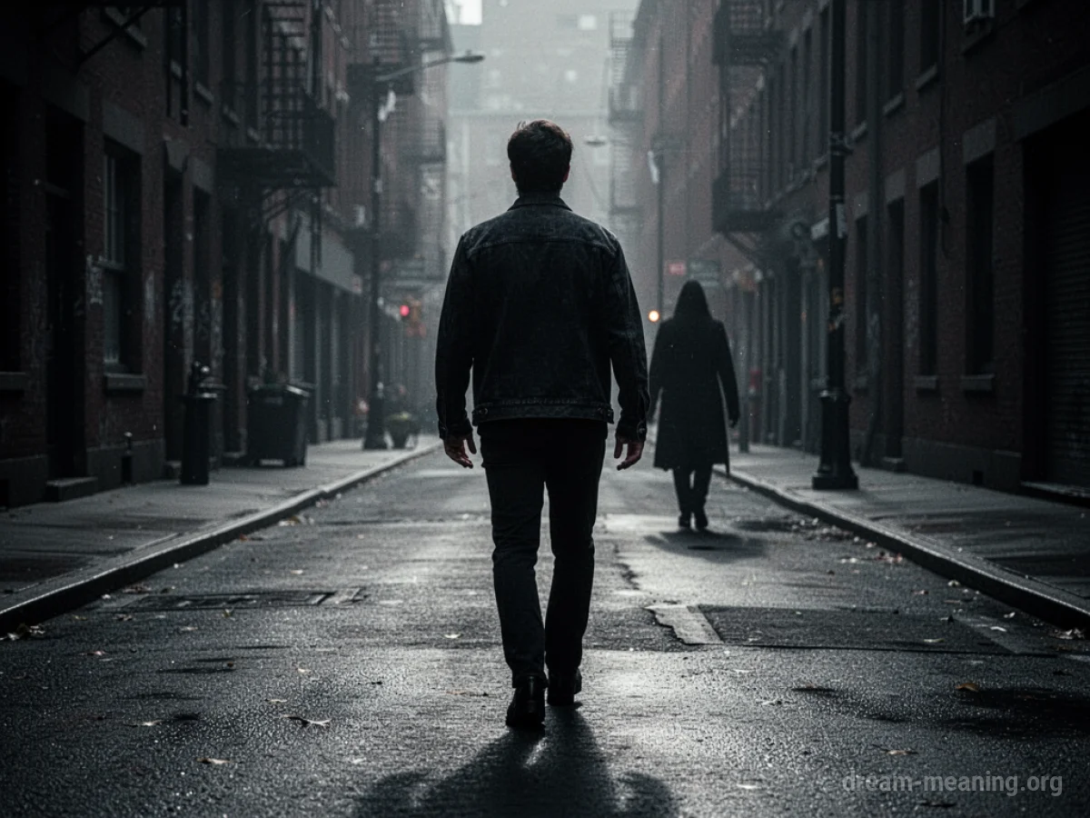 A silhouette of a person walking away from a distant, indistinct figure on a dark street.