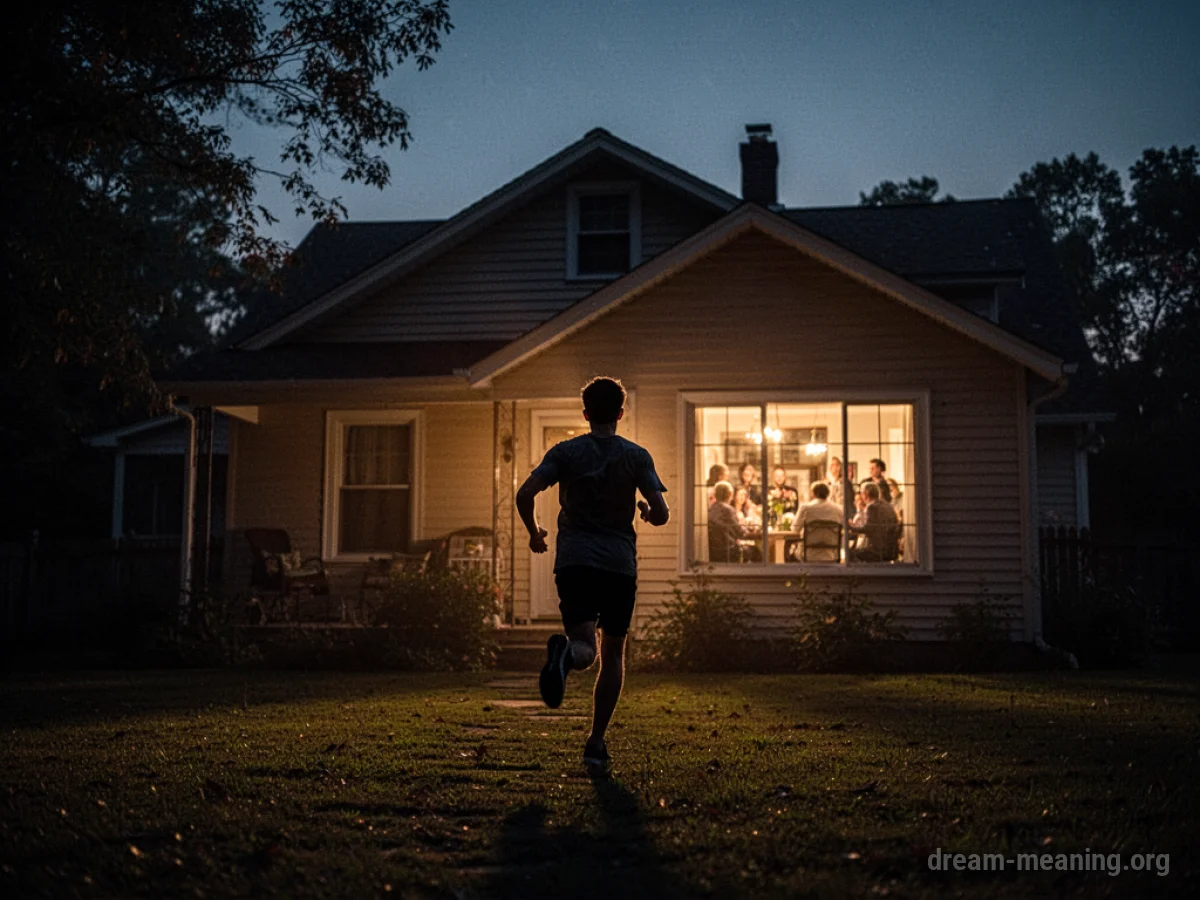 Silhouette of a person rushing towards a house with a window showing a family gathering.