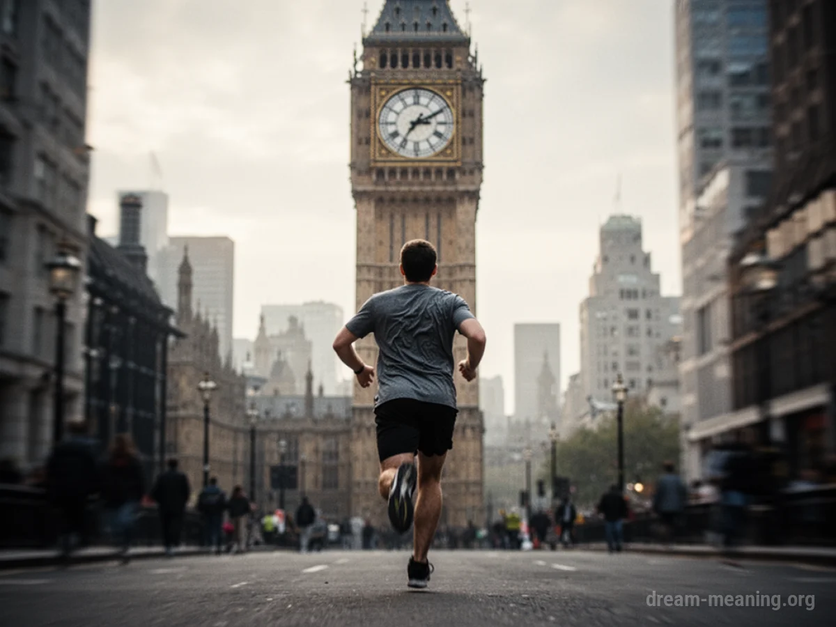 A silhouetted figure running towards a distant clock tower.
