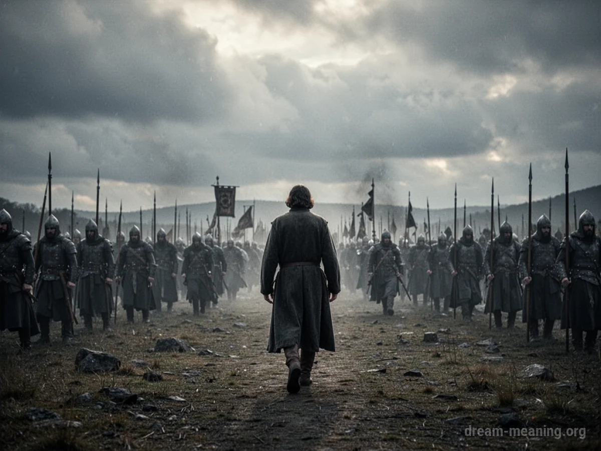 A silhouetted figure seen from behind, walking away from a distant, blurred group under a gray sky.