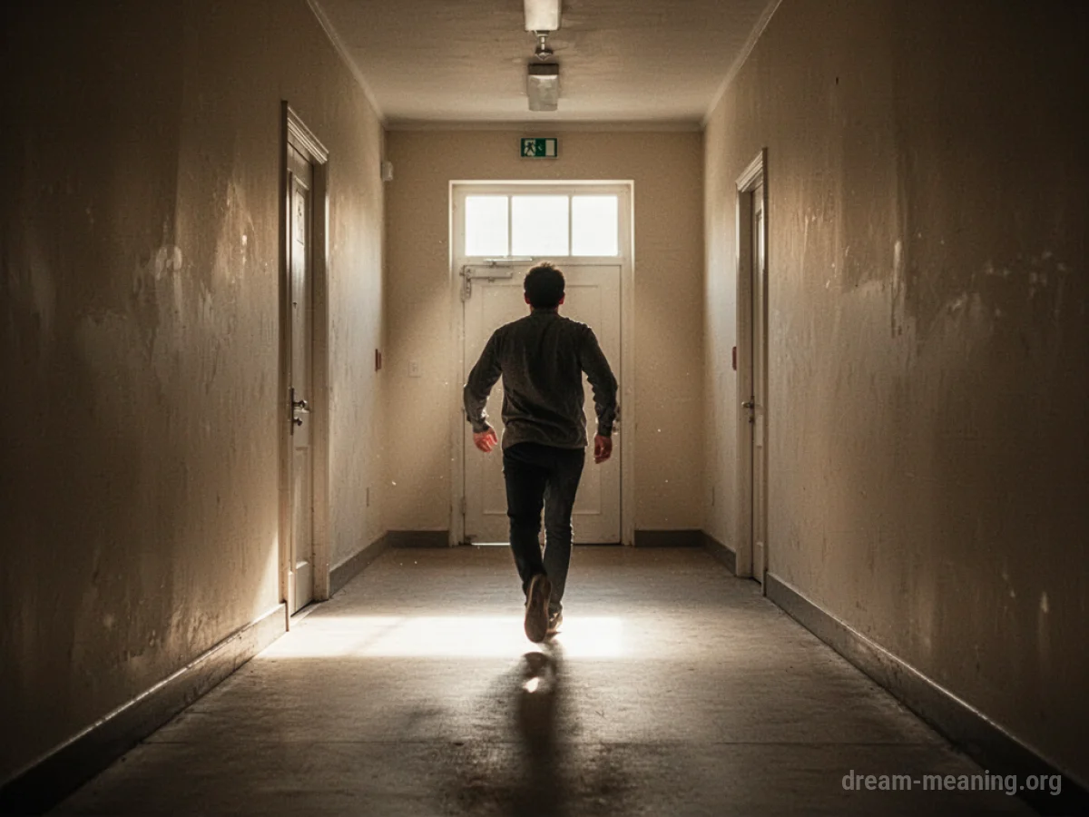 A person hurrying down a hallway toward a closed door.