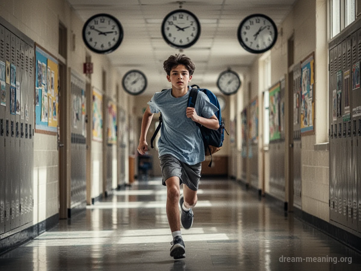 Student running in a school hallway with blurred clocks.