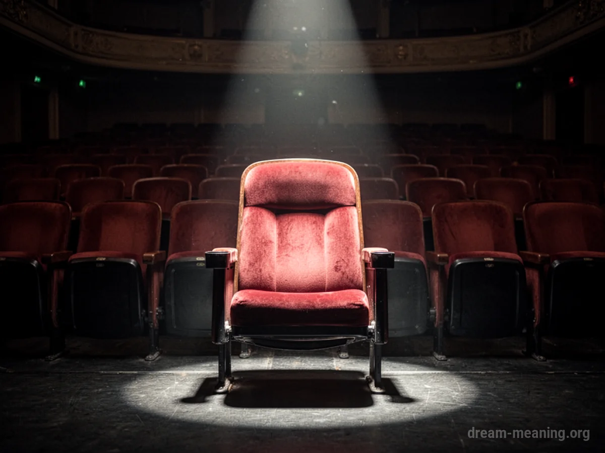An empty theater seat illuminated by a spotlight.