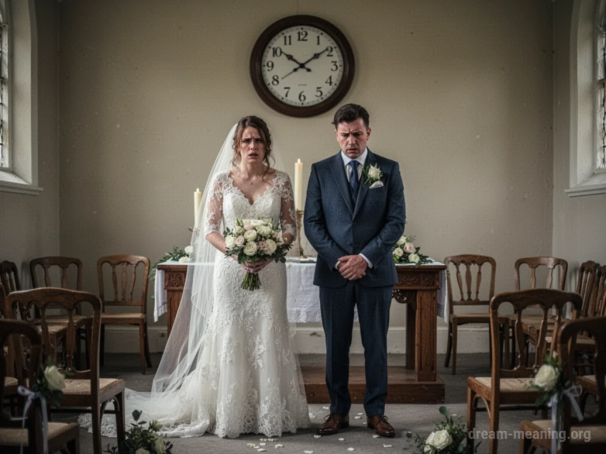 A wedding ceremony with an empty aisle and distressed figures at the altar.
