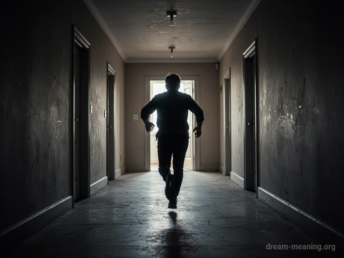 Silhouette of a person running down a long corridor towards a light.