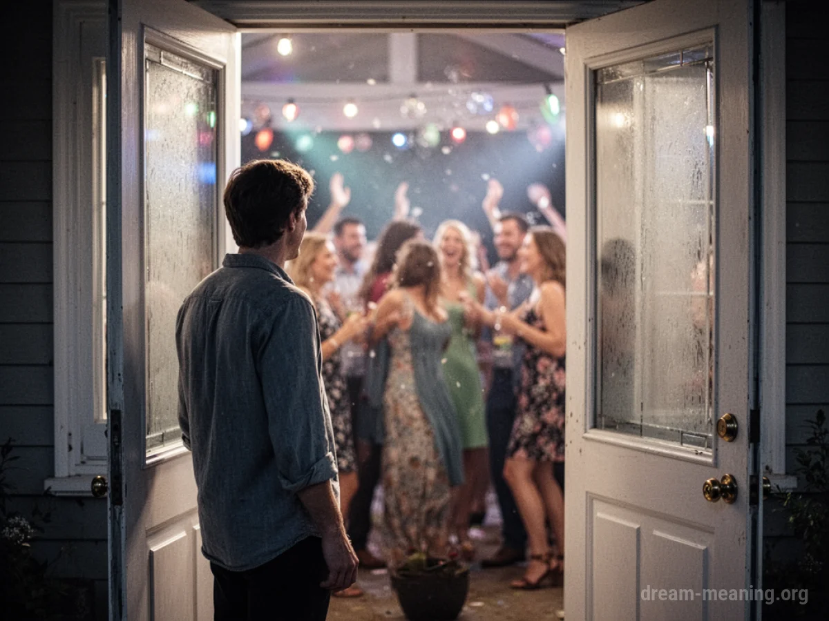 Silhouette of a person outside a doorway looking into a party.