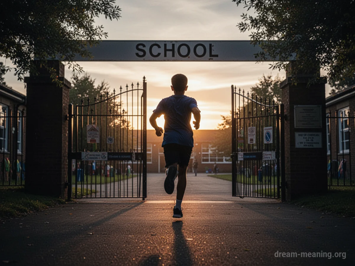 Silhouette of a person running towards a distant school gate at sunset.