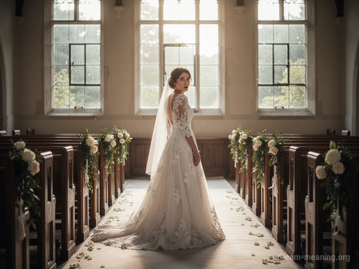 Bride standing alone at the end of an empty wedding aisle.