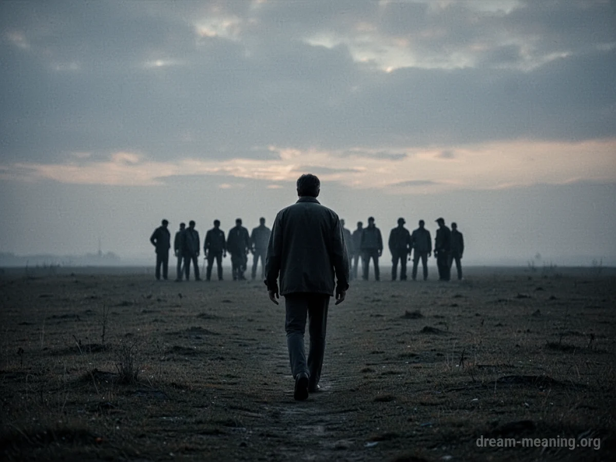 A lone figure walks away from a group of silhouettes.