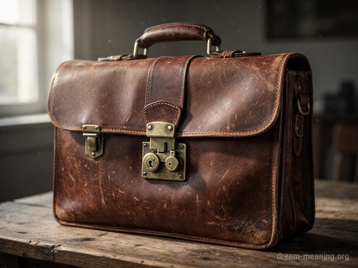 A close-up of an old-fashioned briefcase with a heavy lock.