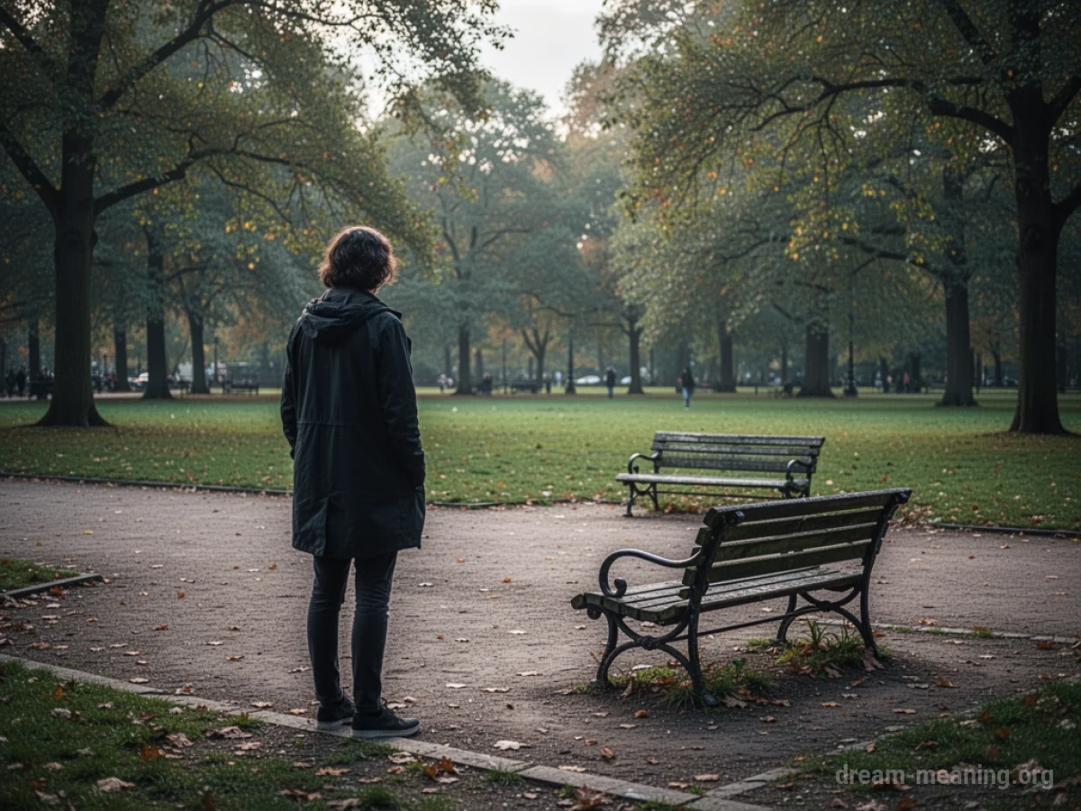 A lone person stands looking at an empty park bench.