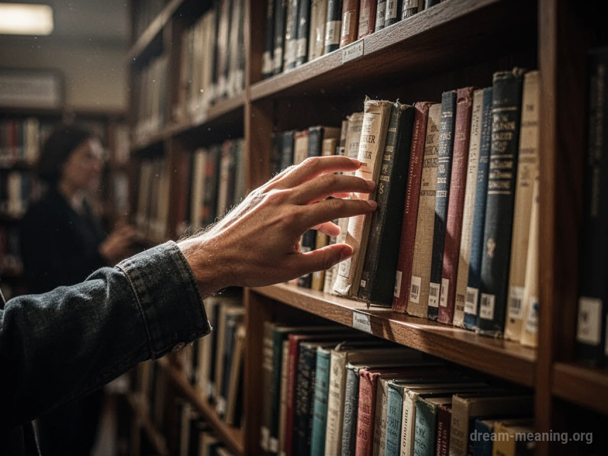 A hand reaching for a book on a shelf within a bookstore.