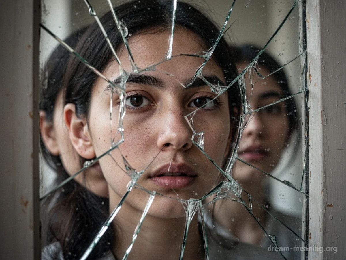 A fragmented reflection of a face in a cracked mirror.