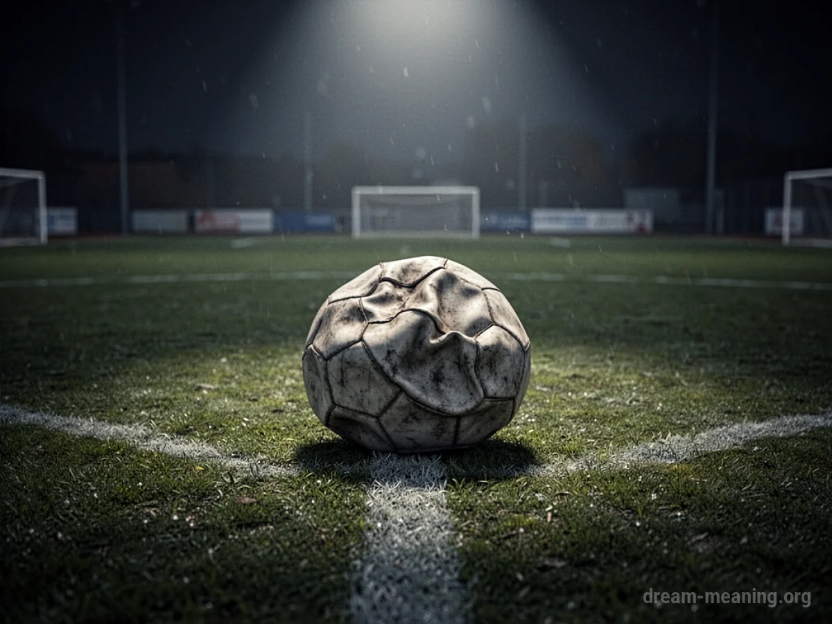 A deflated sports ball on an empty field.