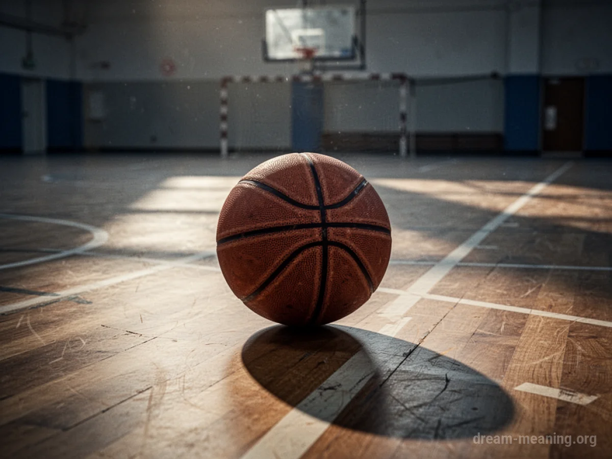 A basketball rests on a deserted court as dusk approaches.