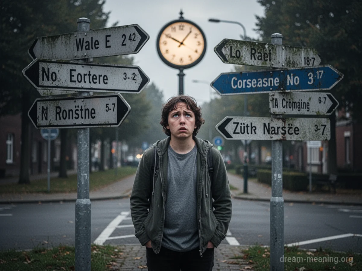 A person at a crossroads with confusing signs, looking towards a distant clock.