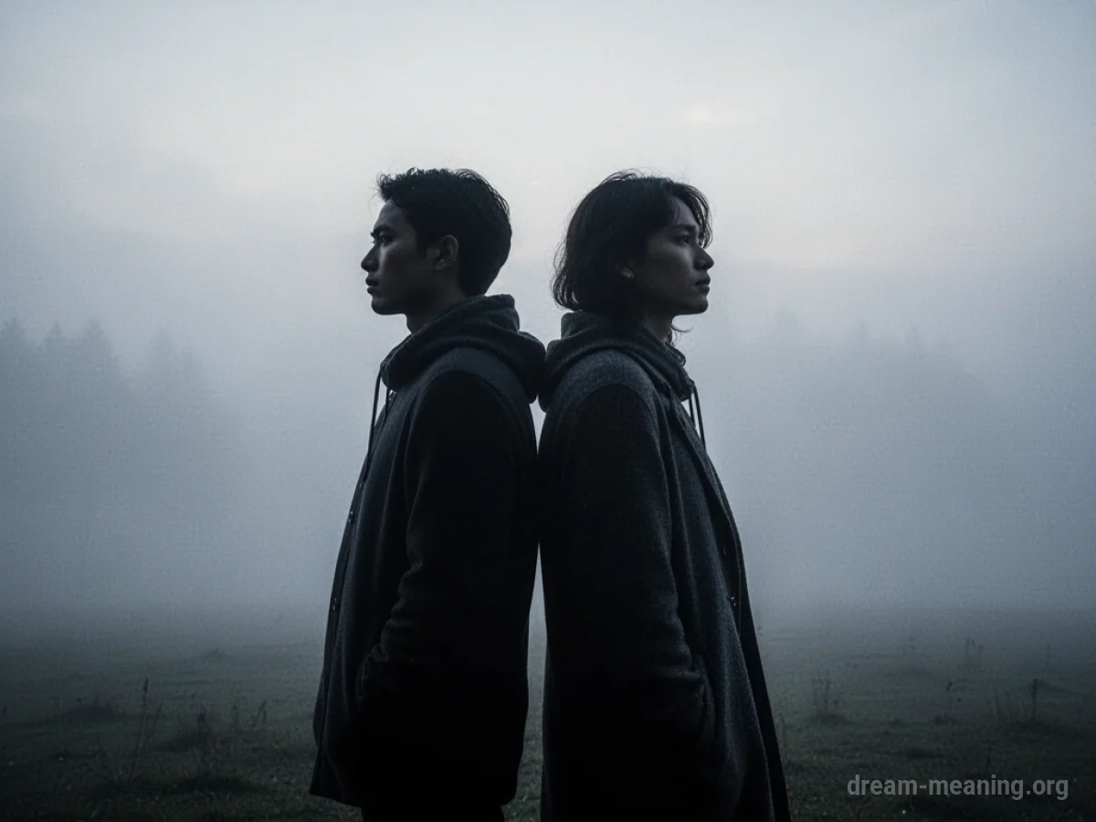 Two silhouetted figures separated by distance in a foggy landscape.