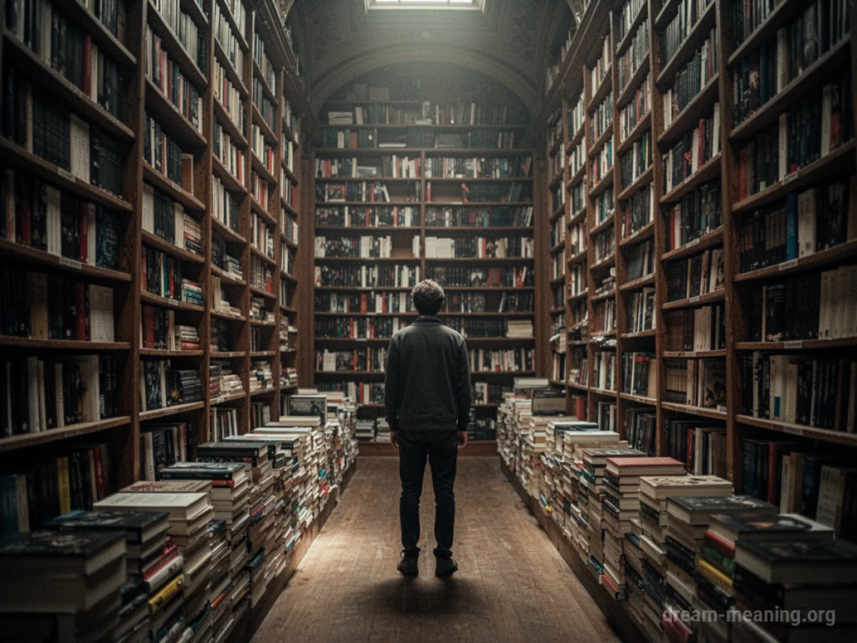 A person standing in a large bookstore with very tall bookshelves.