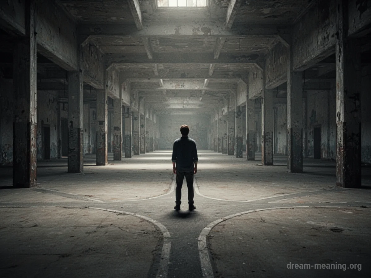 Person standing at a junction of many identical hallways inside a large, empty building.