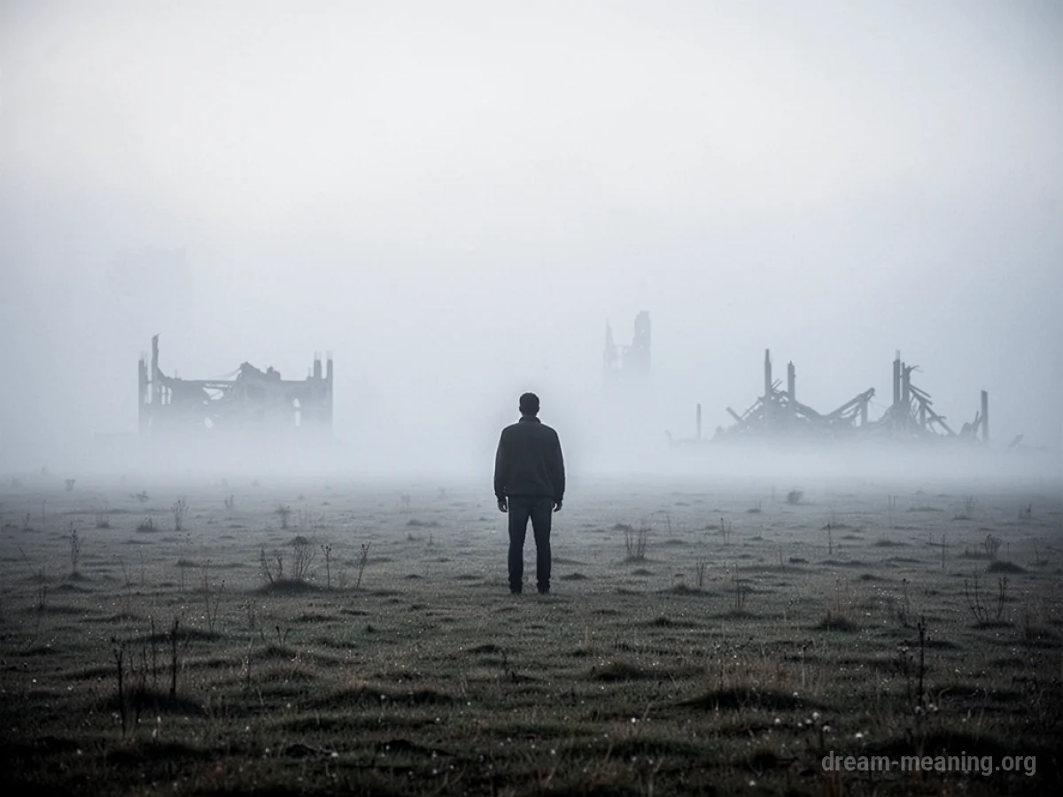 A solitary figure shrouded in fog on a desolate field with faint outlines of debris.