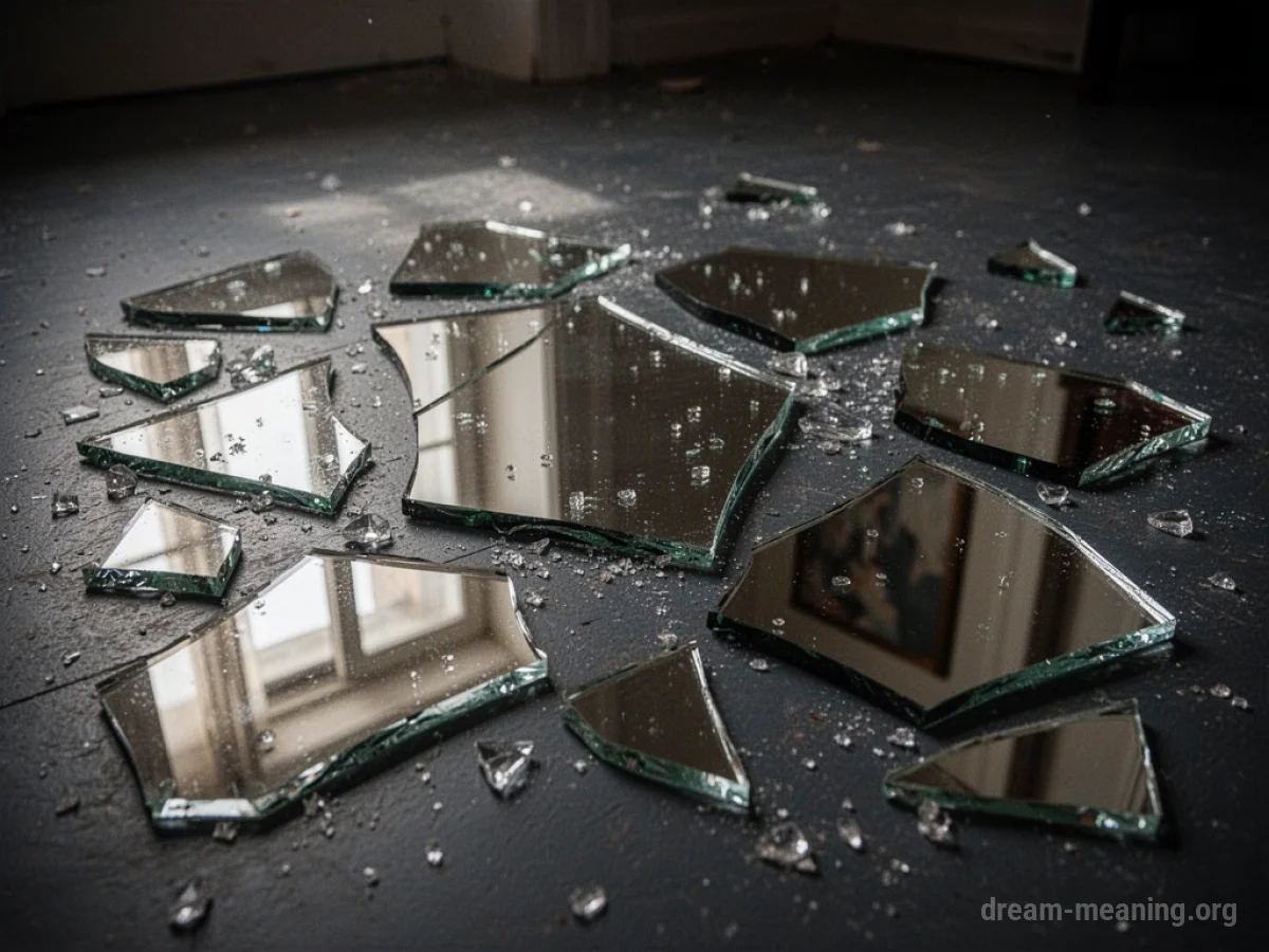 Numerous pieces of shattered mirror lying on a dark surface.