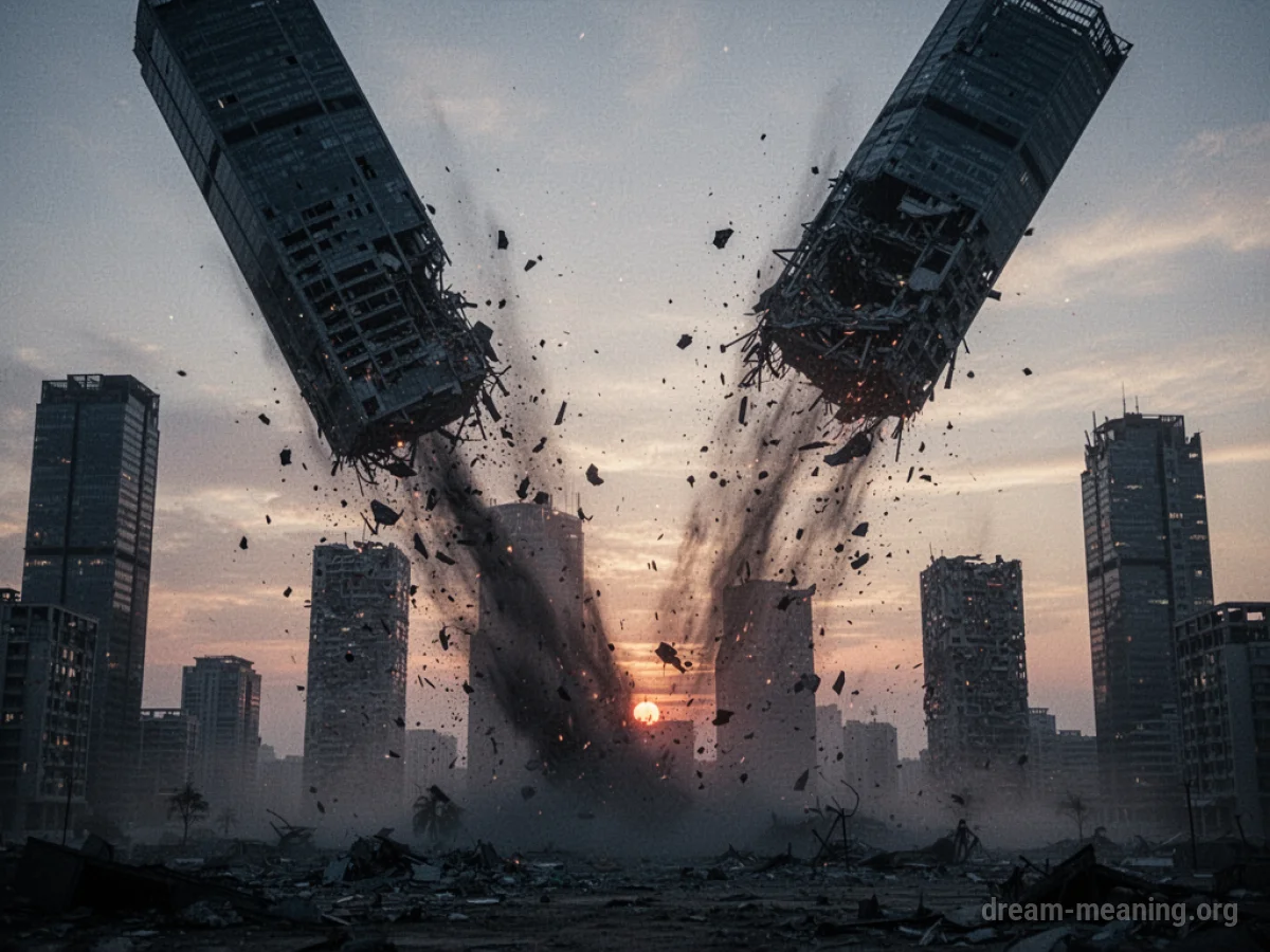 Multiple tall buildings collapsing and falling.
