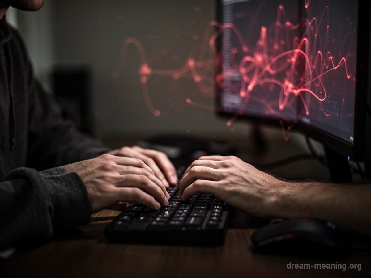 Hands typing on a keyboard in a dark room with light from the screen.