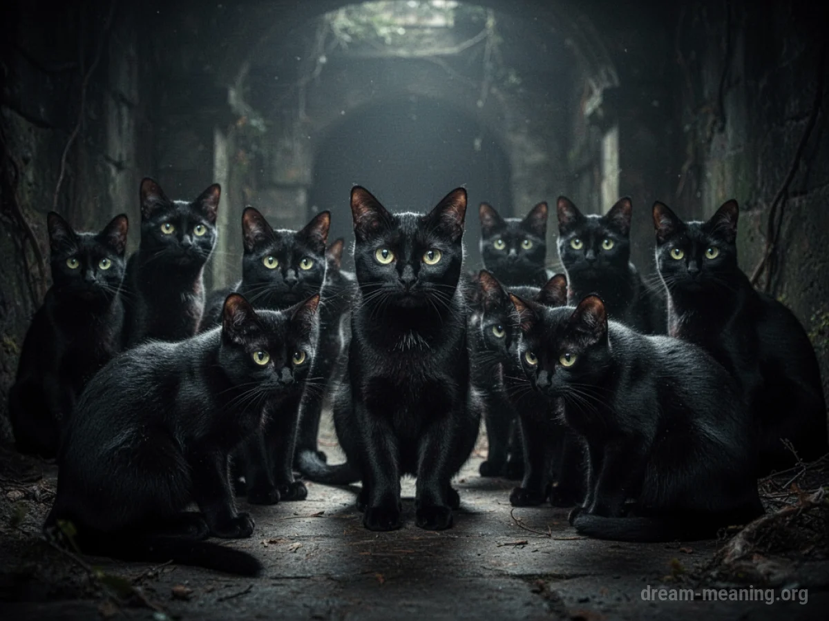 Several black cats sitting together in a dark room.