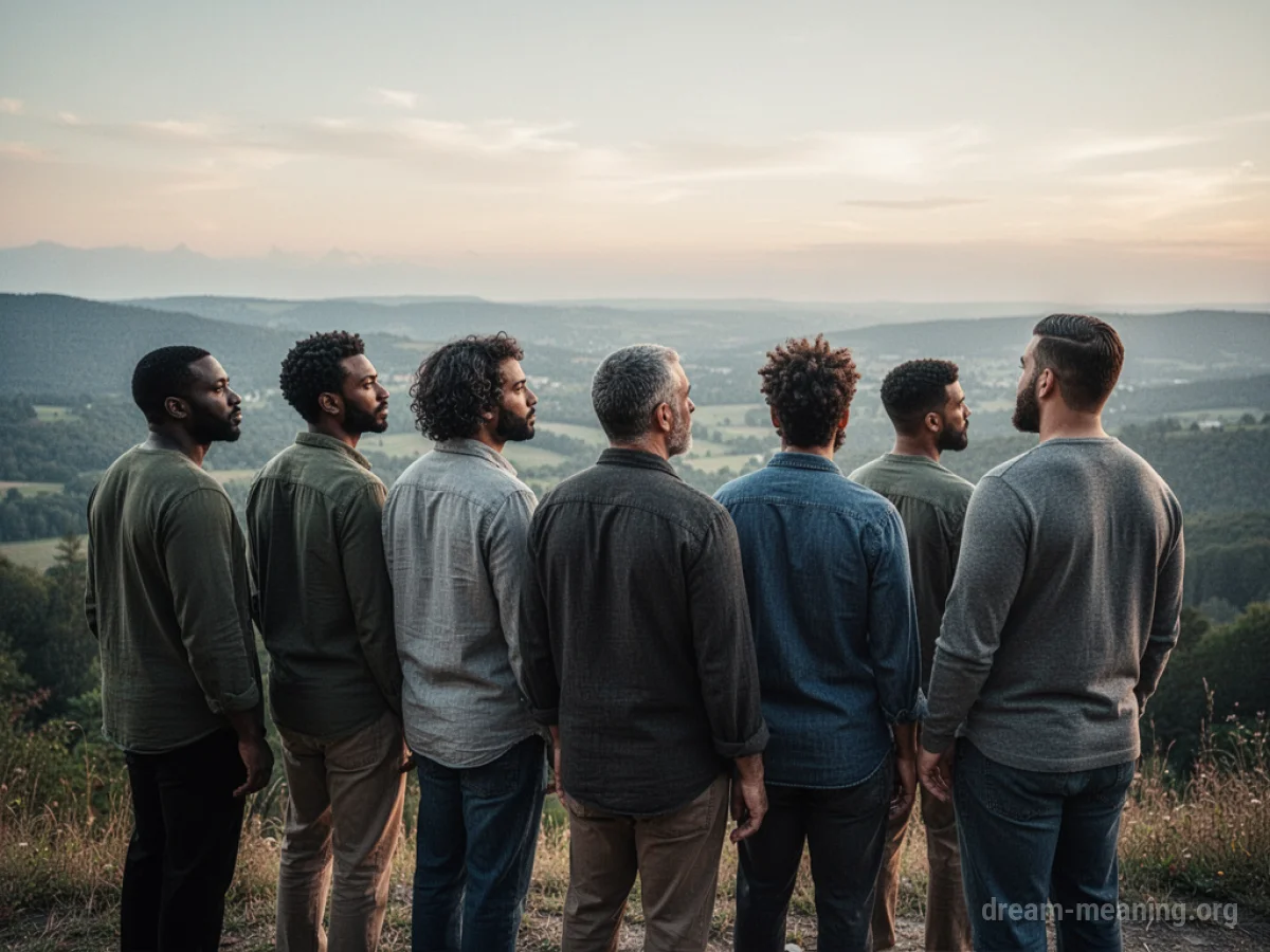 A diverse group of men stand in a line facing away from the viewer.