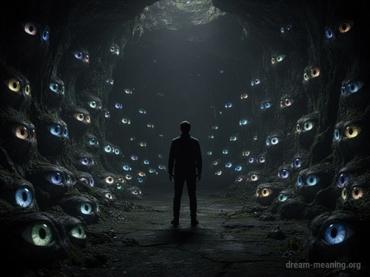 A lone figure is observed by many glowing eyes in a dark void.