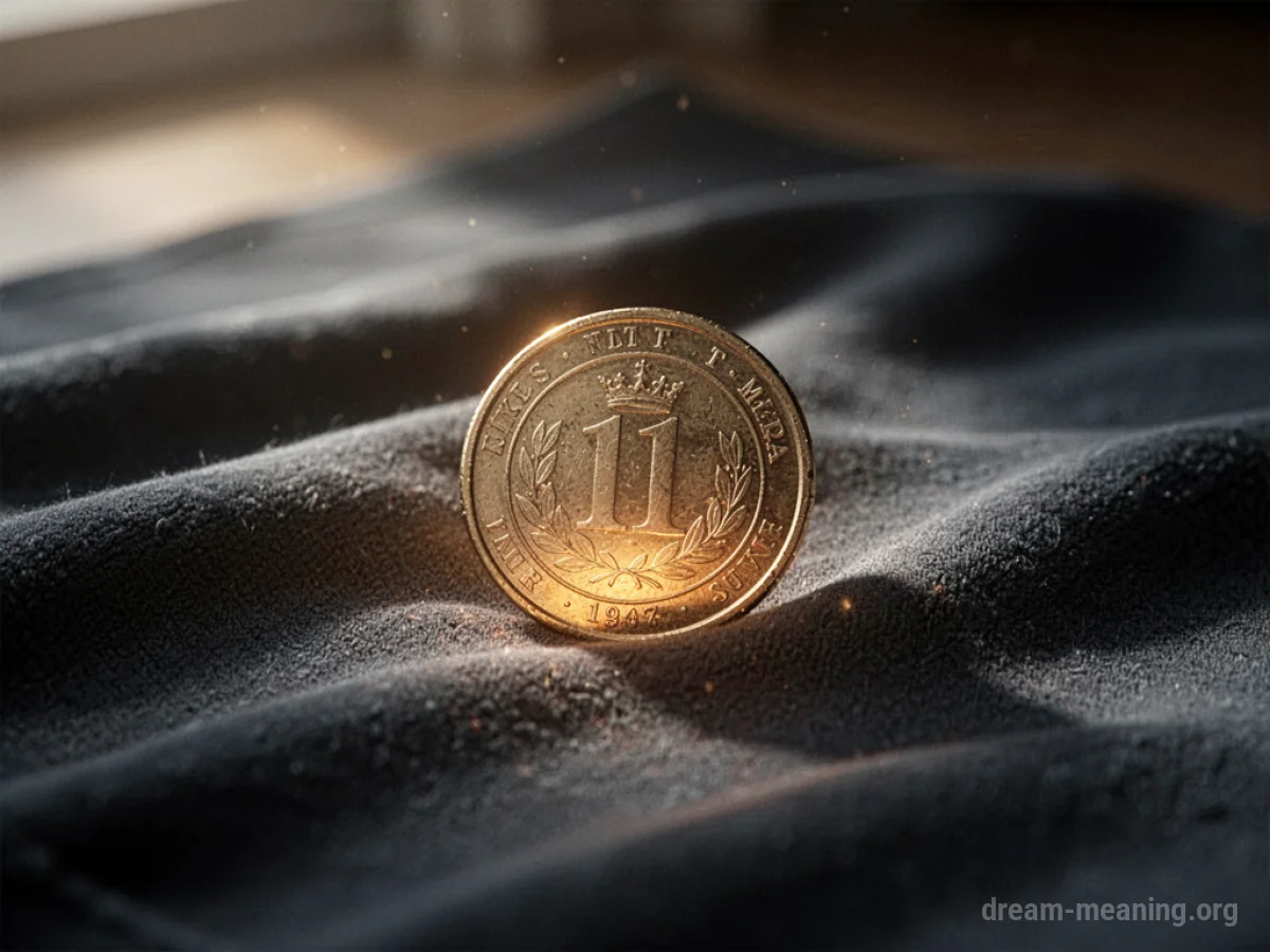 A golden coin on a dark fabric.