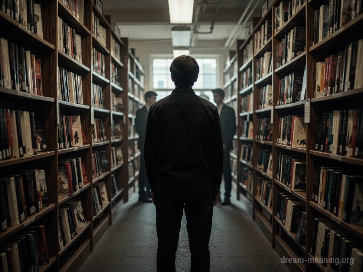 Silhouette of two people standing in a bookstore aisle.