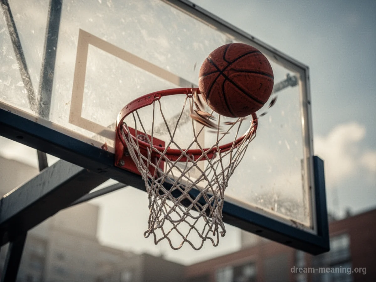 A basketball falling short of a hoop.