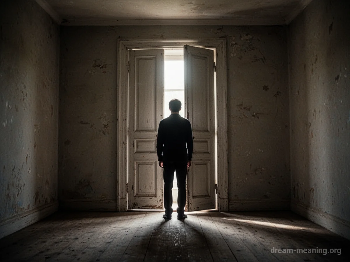 A silhouetted figure standing with their back to an illuminated open doorway.