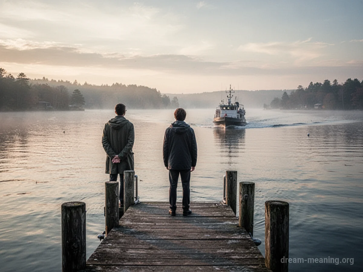 A person watches a boat sail away from a dock.