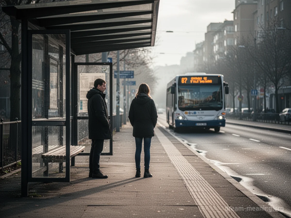 A person standing at an empty bus stop watching a bus drive away.