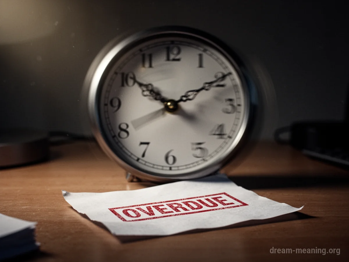 A blurred clock face and an overdue paper on a desk.